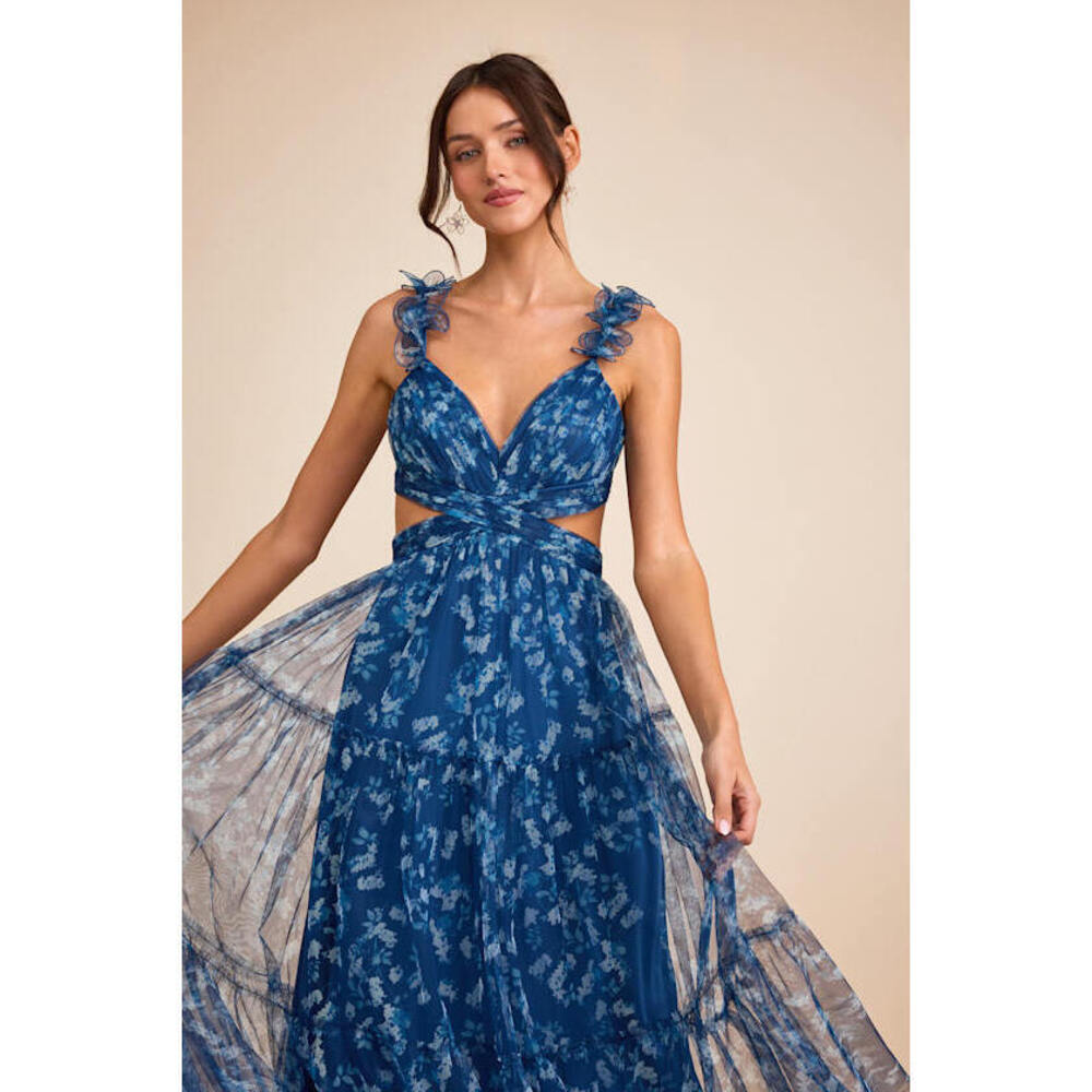 Lulus Ethereal Love Blue Floral Pleated Tiered Tie-back Maxi Dress - Size L